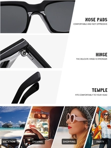 Detailed view of comfortable nose pads, sturdy metal hinges and temple arms of sunglasses
