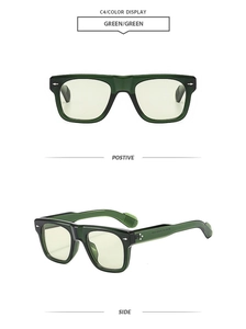 Front and side views of green retro square sunglasses with vintage metallic rivet details