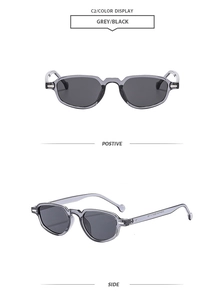 Front and side view of trendy small cat-eye sunglasses with grey frames and black lenses
