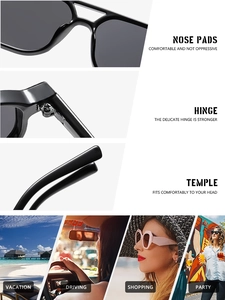 Detail view of double bridge sunglasses with ergonomic nose pads and sturdy hinges