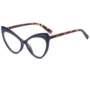 Fashionable oversized cat-eye glasses with navy blue frames and tortoise temples