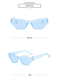 Detail view of transparent blue cat-eye sunglasses with geometric frames from two angles