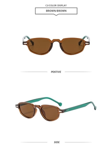 Detail of retro brown cat-eye sunglasses with green inner temples and metal rivets