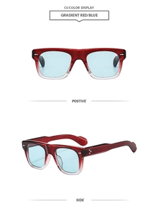 Detail view of square sunglasses with gradient red frame and silver metal accents