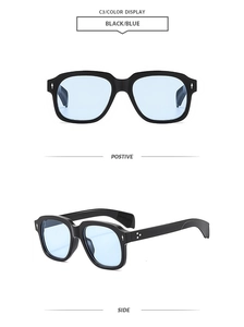 Detail view of black square sunglasses with blue lenses and silver rivet accents