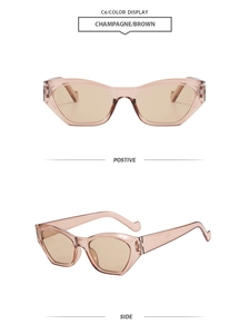 Front and side view of champagne irregular cat-eye sunglasses with translucent frames