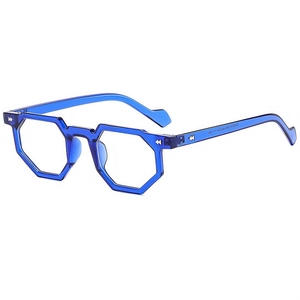 Modern transparent blue hexagonal eyewear frame with high-quality TR90 full rim design