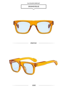 Front and side views of orange square sunglasses with light blue lenses and metal rivets
