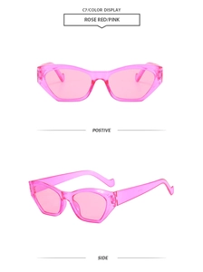 Detail view of pink cat-eye sunglasses with dimensional faceted edges from multiple angles