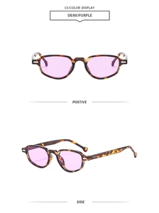 Detail view of demi tortoise cat eye sunglasses with purple lenses and silver metal accents