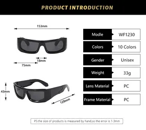 Detailed size chart for punk style rectangle sunglasses with frame and lens measurements