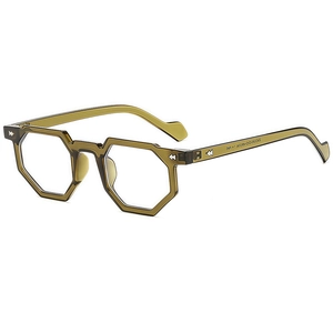 Minimalist geometric hexagonal glasses frame in translucent olive green shown on white background