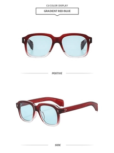 Detail of gradient red thick frame sunglasses with blue lenses and arrow metal rivets