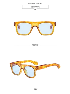 Detailed front and side view of retro square tortoise sunglasses with blue lenses