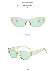 Front and side views of stylish irregular transparent green cat eye sunglasses