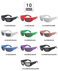 Detailed grid showing ten colorful vintage sports sunglasses in various frame color options