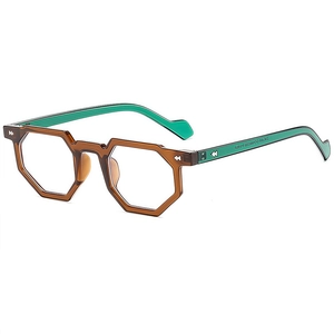 Modern polygonal eyewear frame in translucent brown and green contrast color style