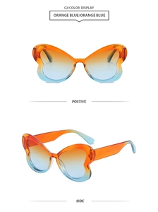Vue détaillée de lunettes papillon avec un dégradé de couleur orange et bleu