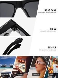 Detail view of square sunglasses with integrated nose pads and reinforced metal hinges