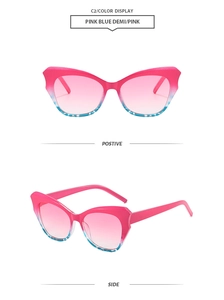 Dettaglio occhiali da sole cat eye con montatura sfumata rosa-blu e texture tartaruga
