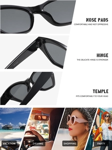 Detail of durable hinges and comfortable nose pads on black rectangle sunglasses