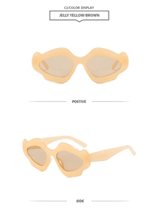Front and side view of jelly yellow wavy frame sunglasses with brown lenses
