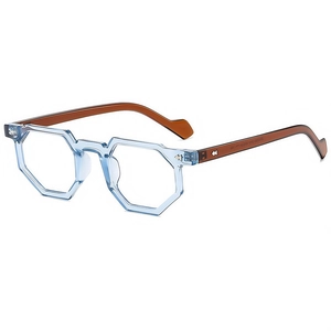Modern hexagonal transparent blue frame eyeglasses with dark brown temples in side view