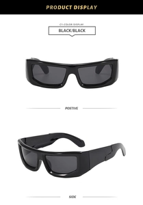 Front and side views of thick-frame black punk sunglasses with dark lenses on white base