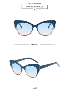Viste frontale e laterale di occhiali da sole cat eye con montatura sfumata blu-rossa
