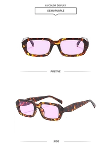 Détail de lunettes de soleil écaille avec verres violets en vues de face et de côté