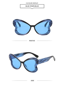 Détails de lunettes papillon avec monture rayée bleue et verres bleus en vues de face et côté