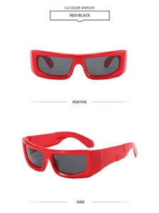 Front and side view of red chunky frame Y2K sunglasses with dark lenses on white background