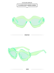 Front and side view of trendy wavy fluorescent green hip-hop sunglasses with UV protection