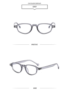 Front and side view of trendy gray transparent cat eye sunglasses with lightweight frames