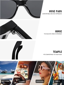 Detail of square sunglasses with comfortable nose pads, reinforced hinges and stylish fit