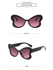 Vue de face et de profil de lunettes papillon avec verres dégradés gris et rose