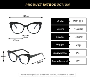 Detailed size specifications for vintage cat-eye glasses with PC frame and dimensions