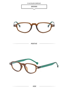 Detailed front and side view of brown cat-eye sunglasses frames with green inner temples