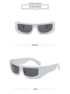 Front and side views of thick silver frame punk sunglasses with dark gray lenses
