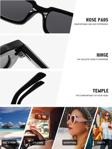 Détails des lunettes de soleil carrées avec charnières en métal et branches ergonomiques