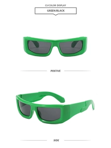 Front and side view of trendy neon green thick frame sunglasses with dark lenses