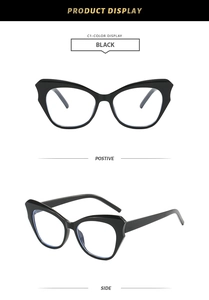 Close-up of black cat-eye glasses frame with bold angular design from front and side views