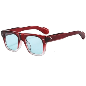 Retro square sunglasses with brown gradient frames and light blue lenses in a side view