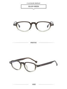Detail view of vintage cat eye sunglasses in black green gradient with geometric frames