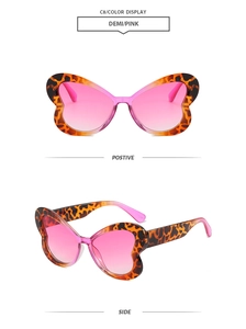 Vue détaillée des lunettes papillon avec monture léopard demi et verres dégradés roses