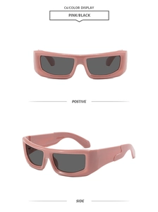 Front and side view of pink thick-framed punk hip-hop sunglasses with black lenses