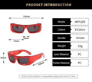 Detailed size chart for unisex fashion sunglasses showing frame width and lens dimensions