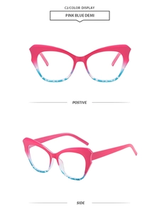 Detail view of pink and blue demi gradient cat eye glasses frames from front and side angles