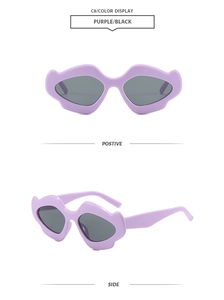 Front and side views of trendy purple irregular wave frame sunglasses with UV protection