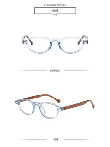 Detail view of cat eye sunglasses with blue frames and metal rivets on hinges